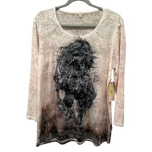 Rheba NWT Black Horse Print Semi Sheer  Blouse Top Western Rodeo Cowgirl Sz L